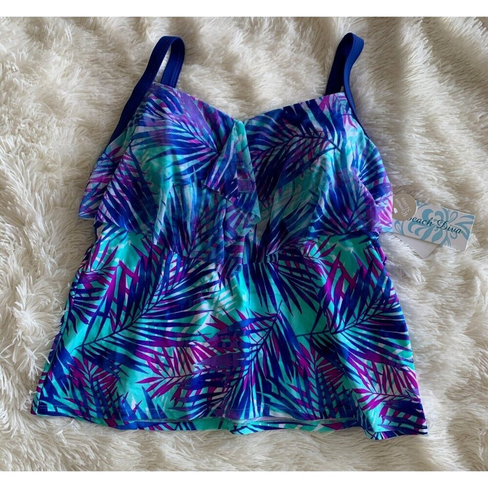 Beach Diva Stretch Palm Print V-Neck Sleeveless Tankini Swimwear Top‎ 16W NWT